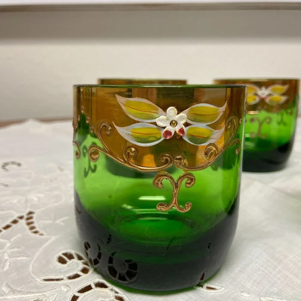 5 VTG Moser Czech Glass Whiskey Green Gold Gilt Enamel Bohemian